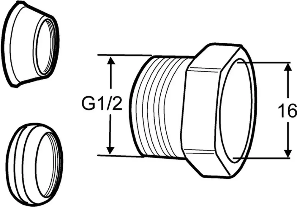 Produktzeichnung einer Kupplung mit einem zylindrischen Gehäuse und Gewinde, geeignet für Rohrverbindungen. Im Hintergrund ist das Logo von IMI Hydronic Engineering sichtbar.